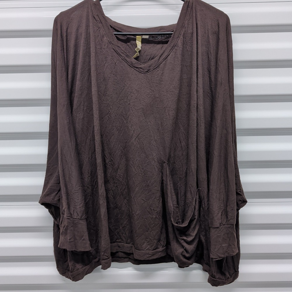 Comfy USA Top Size L Womens Brown V-Neck Dolman Sleeve Crinkle Pocket C138 — photo 2